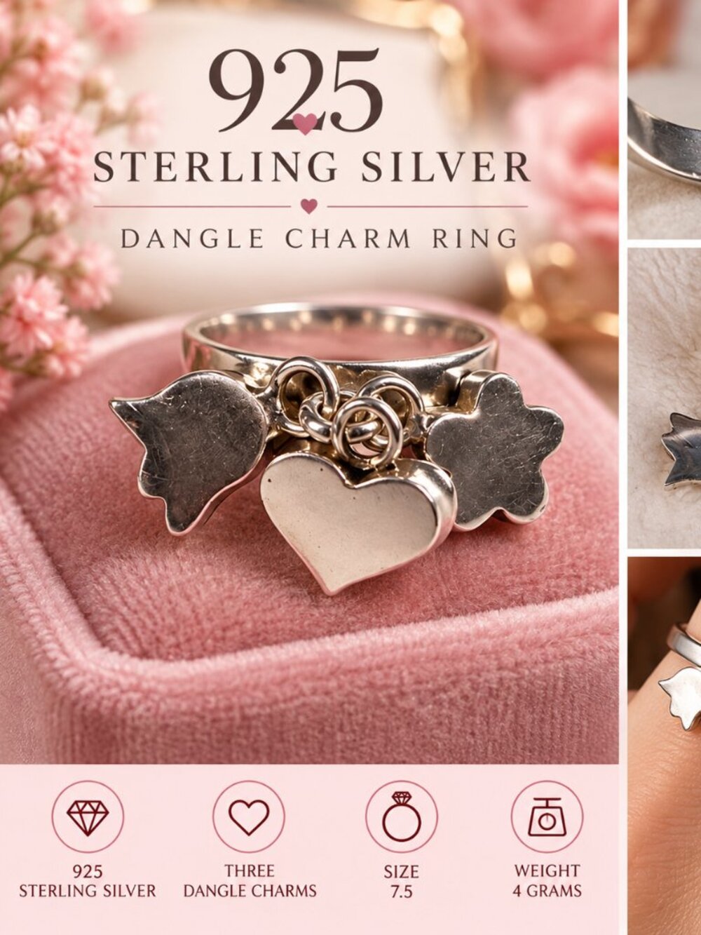 925 Sterling Silver Dangle Charm Ring Size 7.5 Heart & Floral Charms